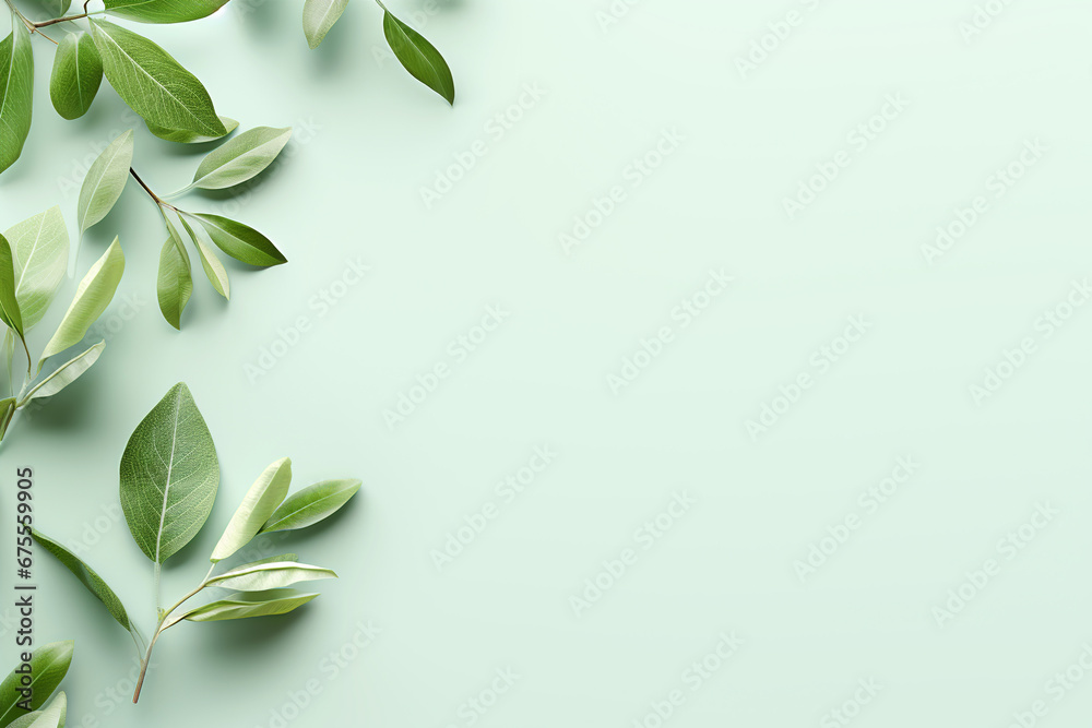 Fresh green leaves scattered on a green background. Flat lay. Top view of leaf. Nature concepts	