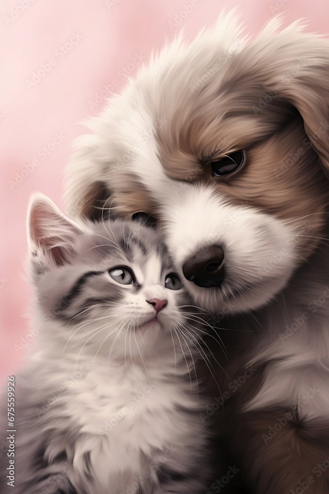 Puppy & kitten together, Adorable pet love of a dog and cat, love and harmony between pets, pet adoption campaigns Puppy & kitten together, Adorable pet love of a dog and cat, love and harmony between pets, pet adoption campaigns