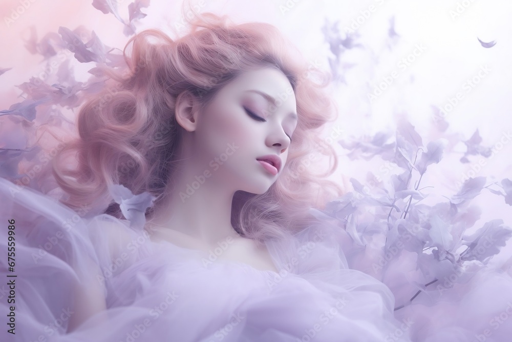 Calm, ethereal and captivating female model in Lavender clothes and background