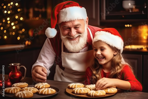 abuelo y nieta con gorro de papá noel decorando galletas navideñas en cocina decorada con árbol de navidad y fondo desenfocado  photo