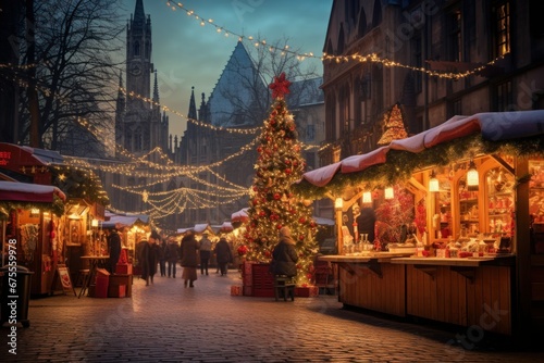 Photographic scene of Christmas market in an ancient European town.