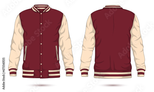 Two-tone varsity jacket mockup front and back view. Vector illustration