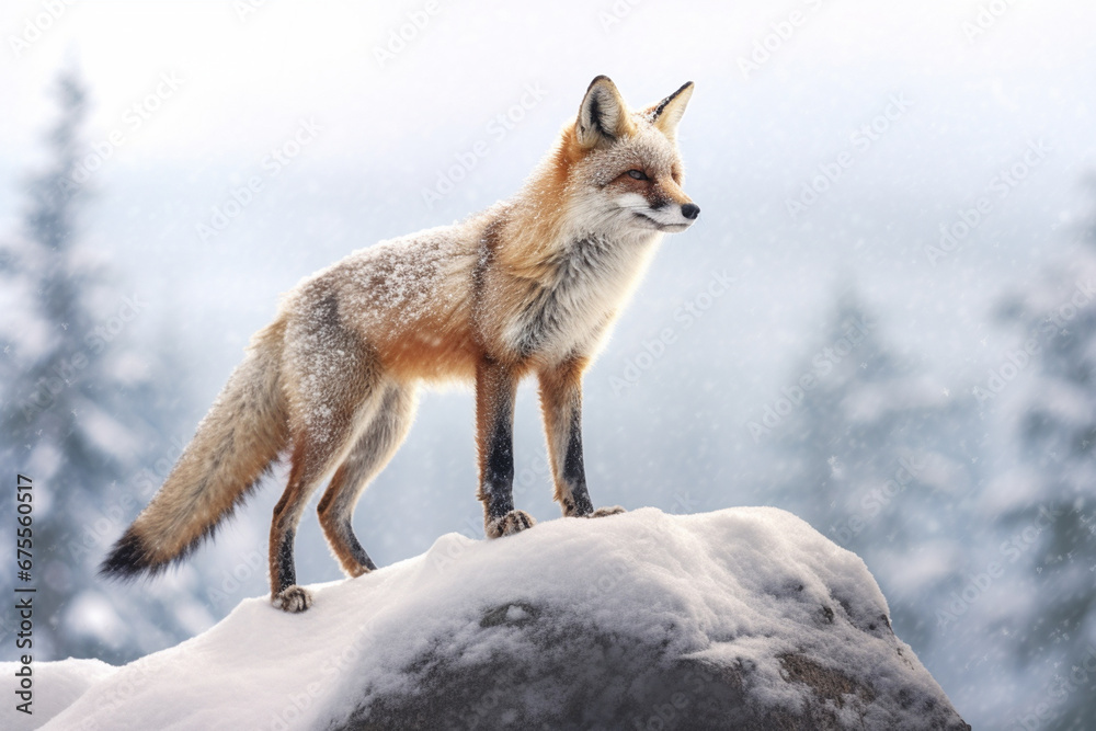 Fototapeta premium Fox in winter wilderness landscape, close up scenery