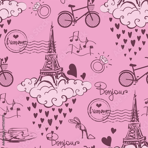 Seamless pattern with Eiffel Tower, stamp, hearts rain, bicycle, ring, notes. Girlish repeat print for fashion textile, wrapping paper.