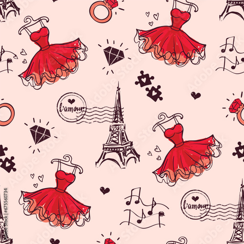 Girlish Seamless pattern with red dress, Eiffel Tower, stamp, diamond, puzzle, notes. Paris repeat print.