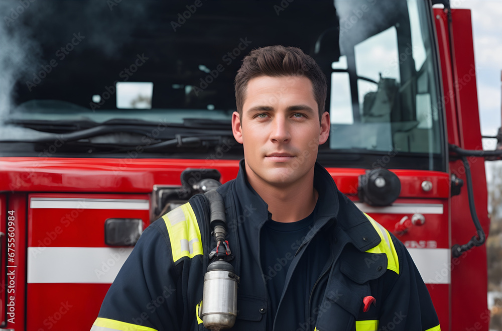 Portrait of a fireman in front of a fire truck Portrait of a fireman in front of a fire truck