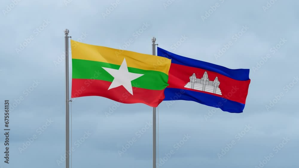 Cambodia flag and Myanmar flag waving together on cloudy sky, endless seamless loop, two country relations concept Cambodia flag and Myanmar flag waving together on cloudy sky, endless seamless loop, two country relations concept