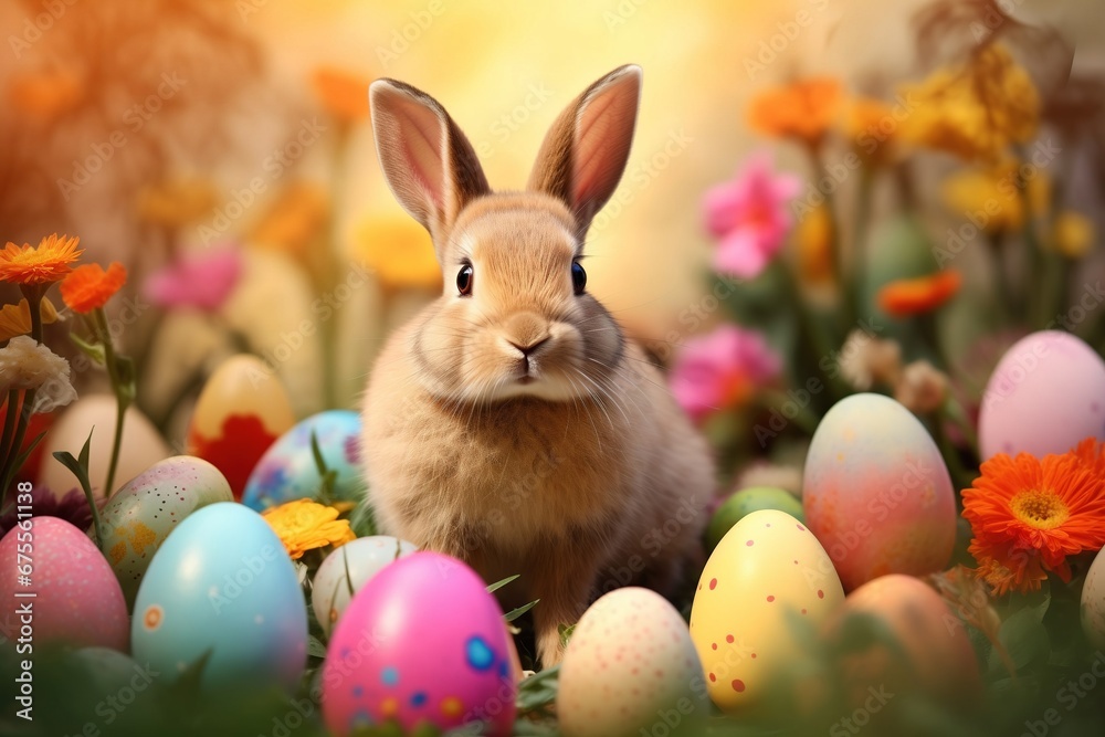 Bunny with colorful Easter eggs in a basket surrounded by flowers Bunny with colorful Easter eggs in a basket surrounded by flowers