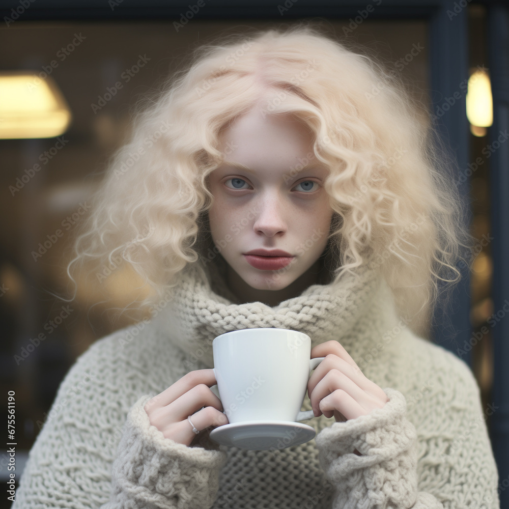 albino young woman drinking tea in a cafee in the city center of london