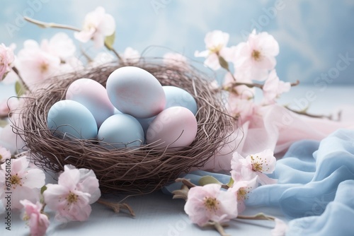 Serene Easter composition with a nest of blue eggs and soft blossoms