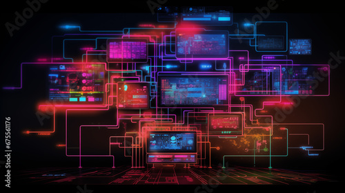 Software Development Team Configuration Diagram, Side view, Metallic light, Nodes Matrix NoSQL Database Programming Diagram made with Generative AI