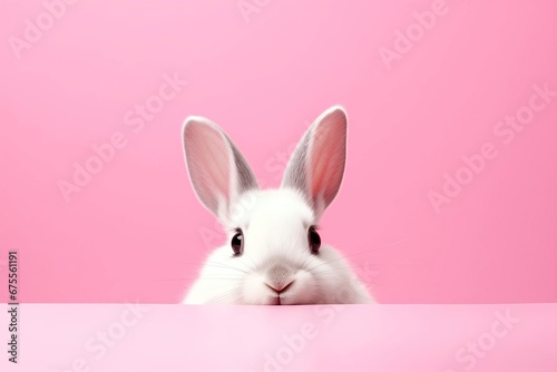 Adorable bunny with a curious gaze on pink bacground © evgenia_lo