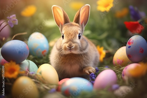 Bunny with colorful Easter eggs in a basket surrounded by flowers