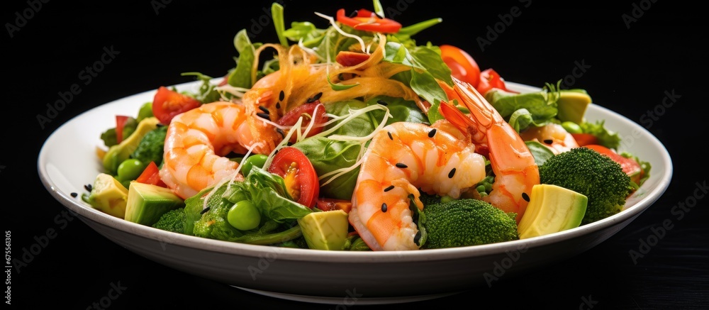 In a Japanese restaurant with a white background a beautifully plated Asian salad made with green vegetables avocado and fresh seafood is served for dinner In a Japanese restaurant with a white background a beautifully plated Asian salad made with green vegetables avocado and fresh seafood is served for dinner