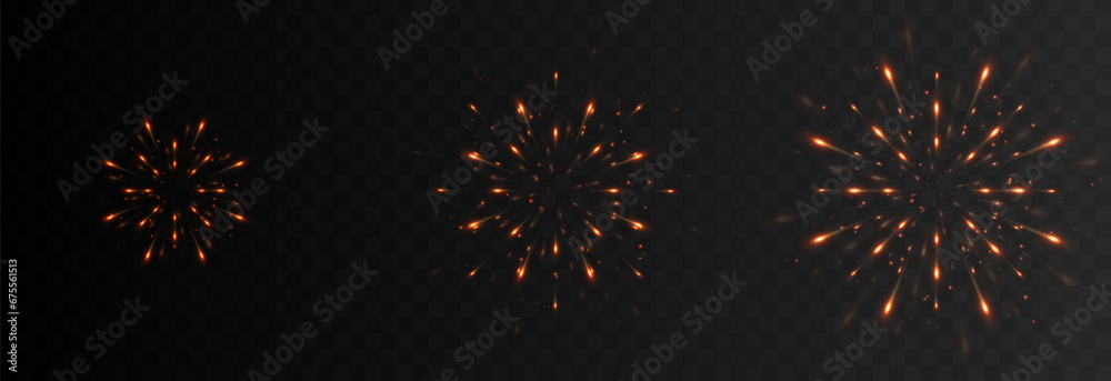 Multicolored fireworks explosions png. Fireworks of different shapes. Pyrotechnics, fireworks. Festive image. - obrazy, fototapety, plakaty 