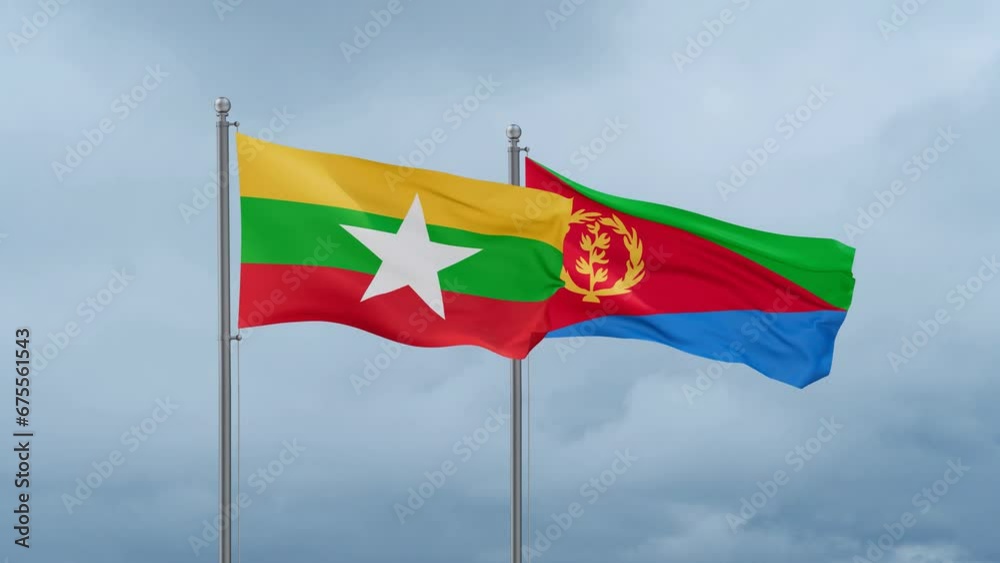 Eritrea and Myanmar flag waving together on cloudy sky, endless seamless loop, two country cooperation concept Eritrea and Myanmar flag waving together on cloudy sky, endless seamless loop, two country cooperation concept