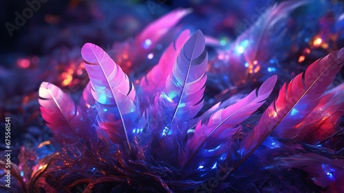 Neon feathers, each covered in shimmering dew drops, gently swaying in a neon-lit breeze within a surreal and fantastical dreamscape.