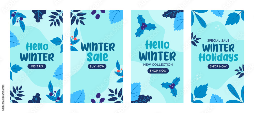 Hello winter promotional content templates set. Social media templates for covers, backgrounds and posters with winter season elements and text. Cool and modern vector illustrations.