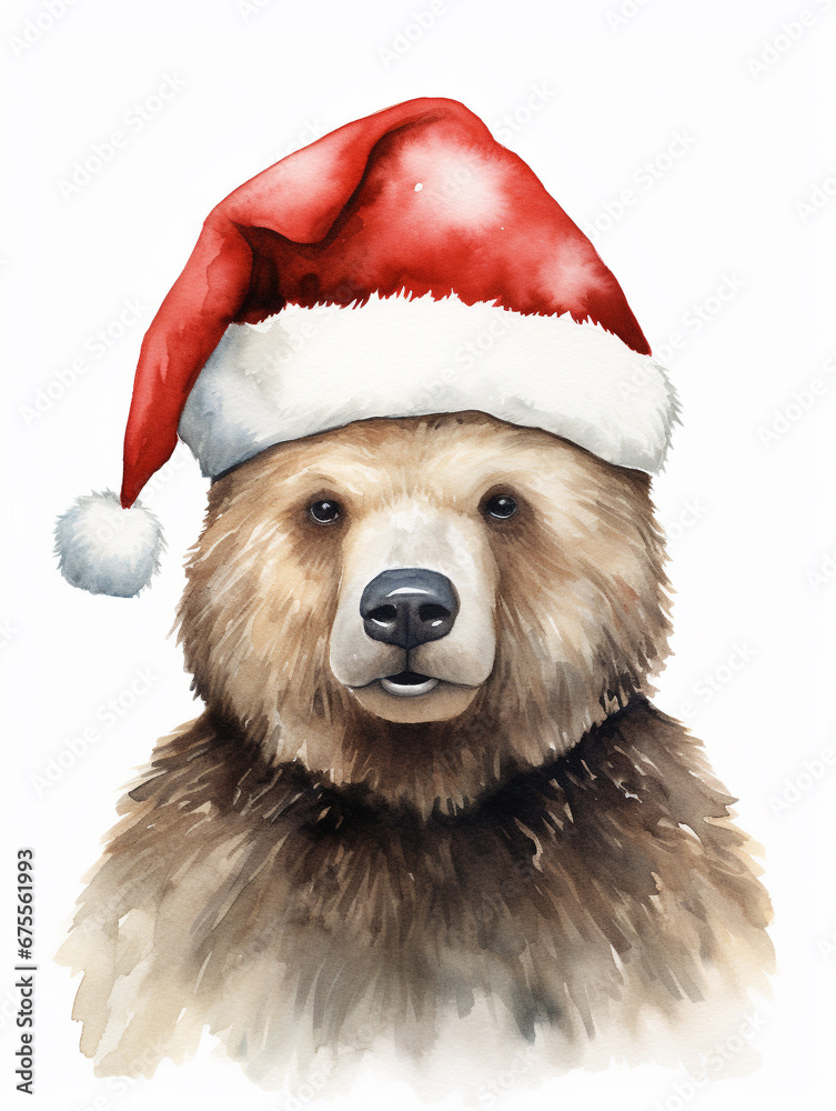A Minimal Watercolor Portrait of a Bear Dressed Like Santa Claus