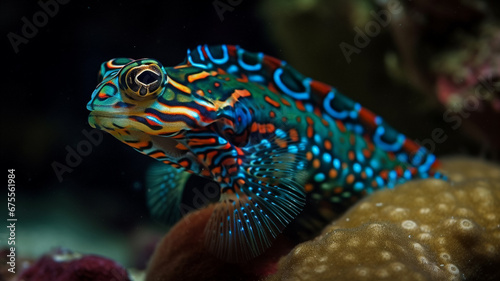 Colorful Mandarinfish Swimming Near Coral Reef, Exotic Tropical Marine Life, Generative AI.