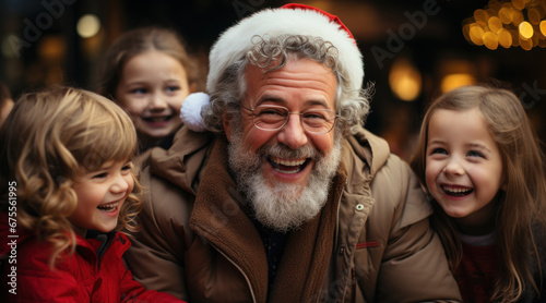 Santa Claus in his iconic red suit, surrounded by a group of cheerful children. Concept of the magic of Christmas. Generative Ai.