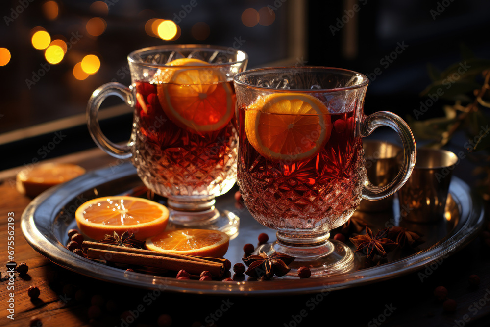 A tray of mulled wine and spiced cider, filling the air with the aroma of Christmas spices. Generative Ai. A tray of mulled wine and spiced cider, filling the air with the aroma of Christmas spices. Generative Ai.