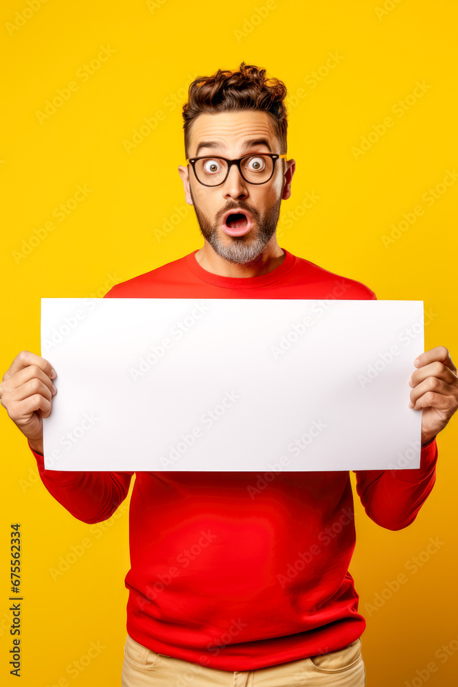 Man holding a blank sign during surprised expression on yellow background. Man holding a blank sign during surprised expression on yellow background.