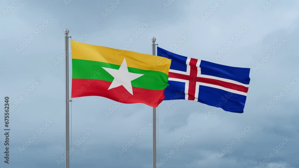 Iceland and Myanmar flag waving together on cloudy sky, endless seamless loop, two country cooperation concept Iceland and Myanmar flag waving together on cloudy sky, endless seamless loop, two country cooperation concept