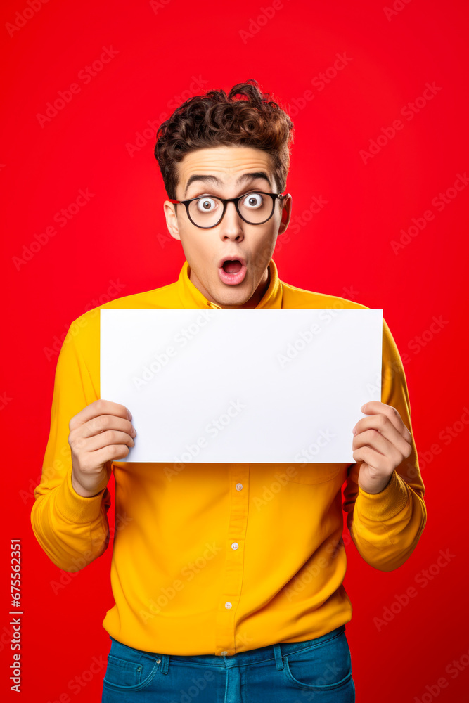 Man holding a blank sign during surprised expression on red background.