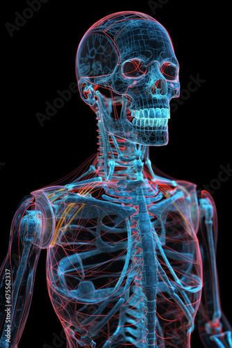 Futuristic Human Skeleton and Nervous System Visualization, Medical Digital Interface, Generative AI