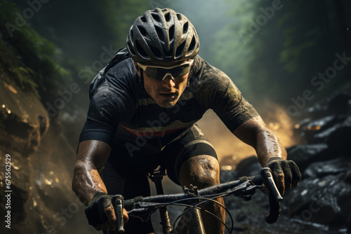 A cyclist racing through a scenic mountain road during a challenging stage of a professional cycling race. Concept of cycling and endurance. Generative Ai.