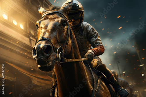 A jockey guiding a racehorse to victory on a racetrack, exemplifying horseracing prowess. Generative Ai.