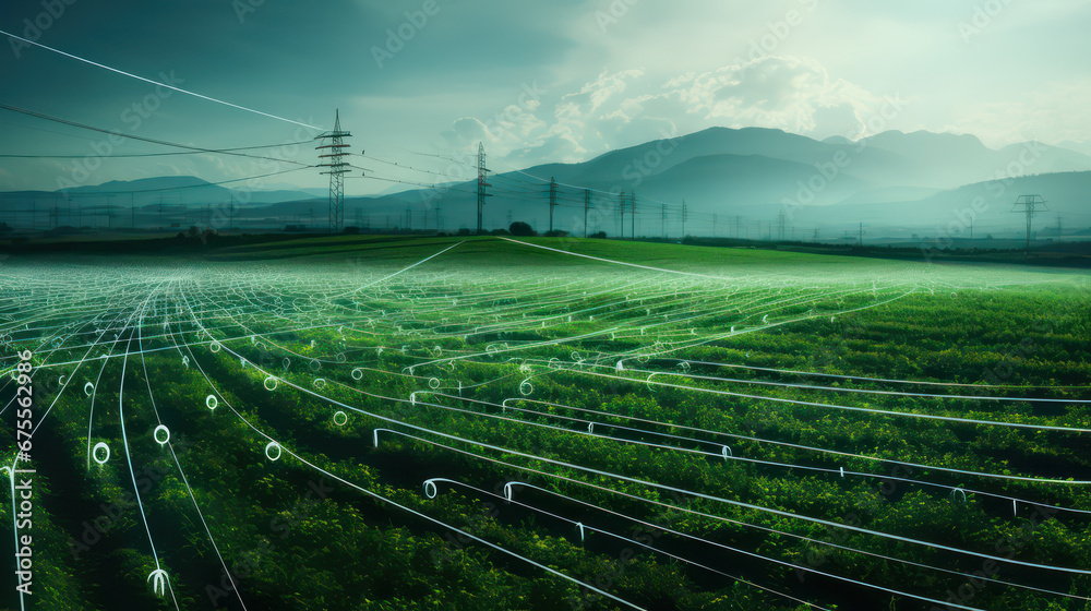 Green field system with glowing lines, network analysis, futuristic digital scientific diagrams. Creative concept of agro rural industry, topography.  - obrazy, fototapety, plakaty 
