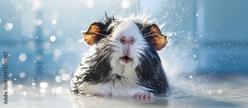In a white bathroom a cute and funny guinea pig a black and blue rodent enjoys a bath with grooming shampoo splashing in the water with its adorable background of an animal