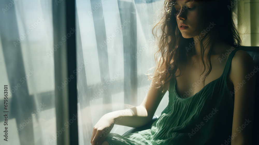 Lonely sad woman sitting on a chair in an empty room in front of a window. Creative concept of loneliness, sadness, depression, sociophobia. Lonely sad woman sitting on a chair in an empty room in front of a window. Creative concept of loneliness, sadness, depression, sociophobia.