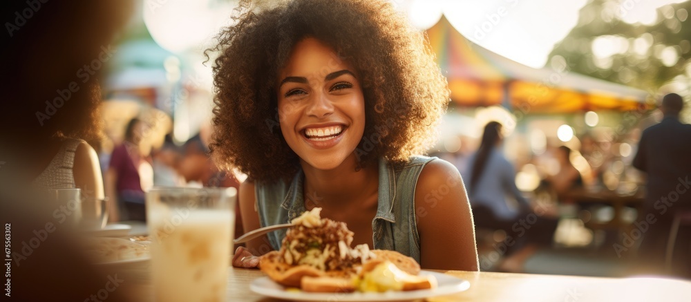 In the background of a vibrant outdoor setting a beautiful woman is surrounded by happy diverse people enjoying delicious food Among them a girl with a beaming smile holds a slice of white 