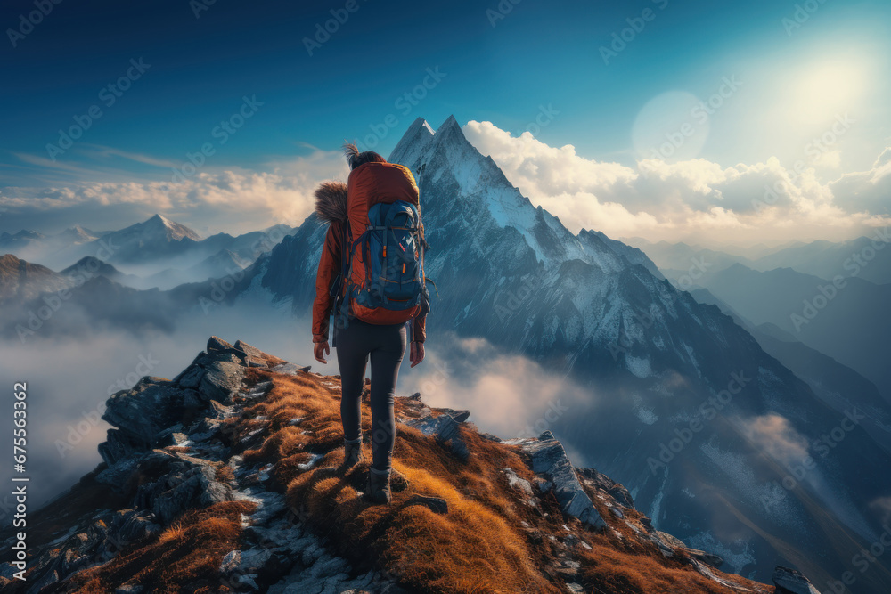 A woman hiker reaching the summit of a challenging mountain, experiencing the thrill of adventure and accomplishment. Generative Ai.