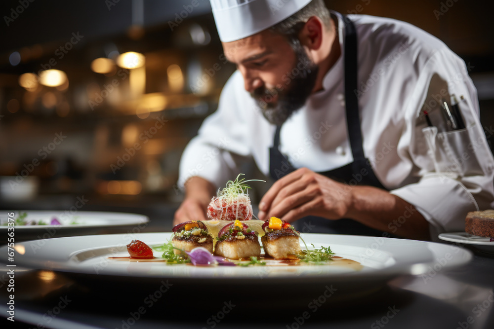 A talented chef in a restaurant kitchen, expertly plating a gourmet dish. Concept of culinary art and gastronomy. Generative Ai.