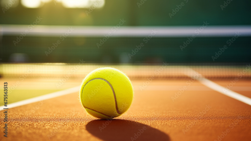 tennis ball and racket on a court with a background