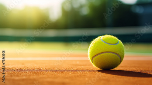 tennis ball and racket on a court with a background © Vahagn