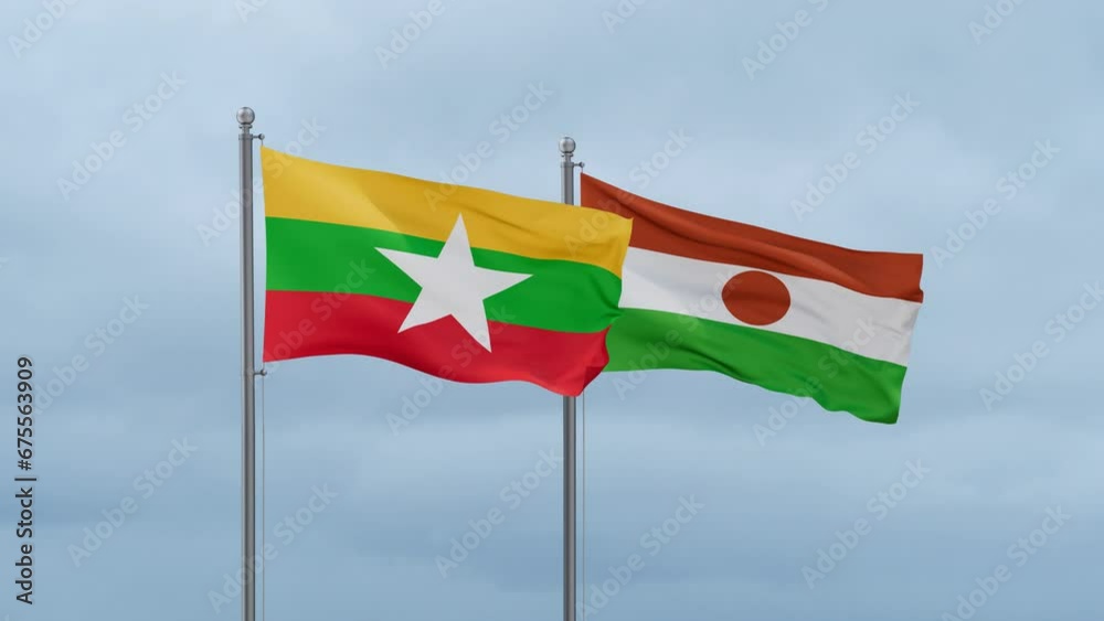 Niger flag and Myanmar flag waving together on cloudy sky, endless seamless loop, two country relations concept Niger flag and Myanmar flag waving together on cloudy sky, endless seamless loop, two country relations concept