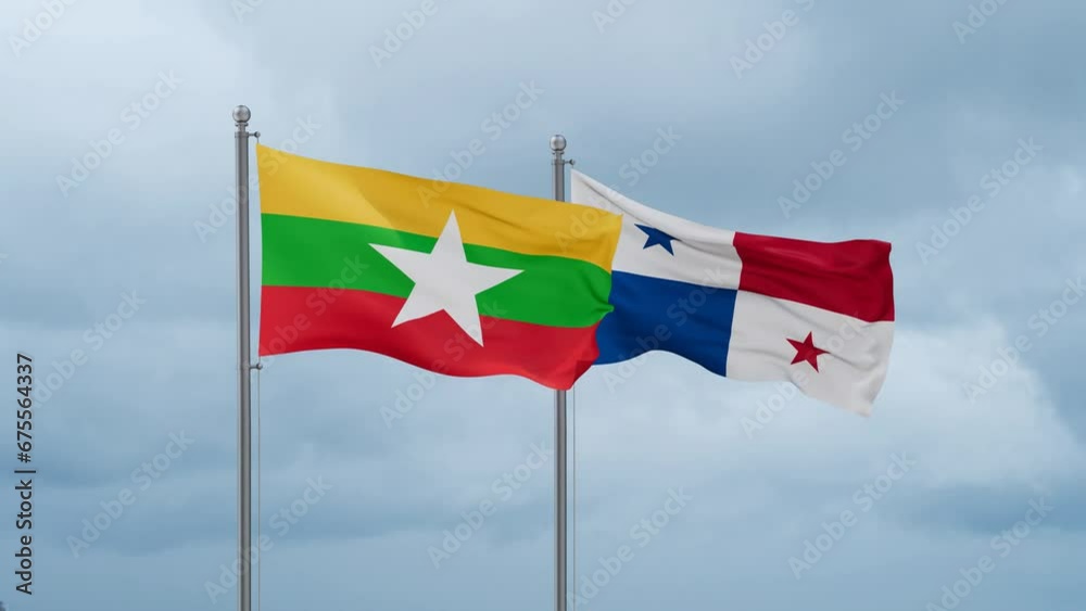 Panama flag and Myanmar flag waving together on cloudy sky, endless seamless loop, two country relations concept Panama flag and Myanmar flag waving together on cloudy sky, endless seamless loop, two country relations concept