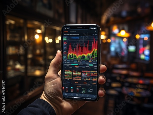 Hand holding phone, where you can see Japanese candlestick charts.