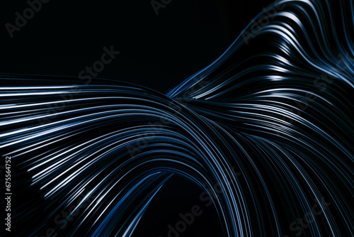 Illustration of a dark abstract background with 3D wavy shaped fibers with effects