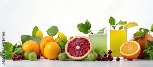 The white background beautifully emphasizes the vibrant colors of the isolated fruit set showcasing the concept of a healthy and organic lifestyle with the green leaf juicy lemon and refresh