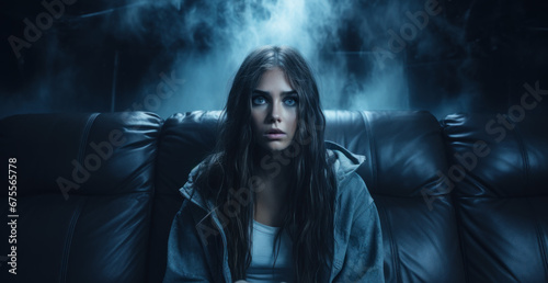 Shocked teen watching horror movie, portrait of scared girl in dark cinema. Person and emotional film. Concept of home theater, thriller, suspense, surprise, vibe photo