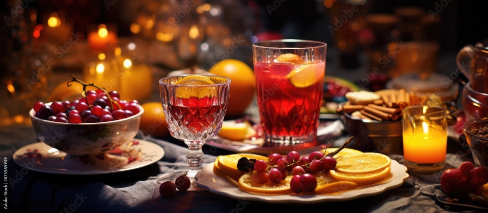 In the background of a cozy winter party a table adorned with autumn fruits and star shaped tea light candles is set with glasses of red wine and refreshing cocktails made with apple orange