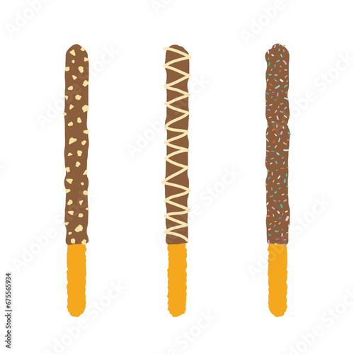 vector graphic illustration of a dipped pretzel covered in chocolate with nuts, cream and sprinkles