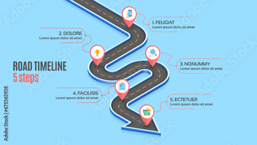 Isometric navigation map infographic 5 steps timeline concept.