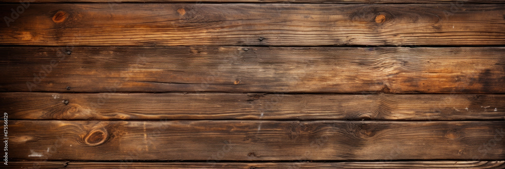 Fototapeta premium Wood long planks texture background, vintage brown wooden boards of old barn wall. Panoramic wide banner. Theme of rustic design, nature, wallpaper, woodgrain, material, grunge